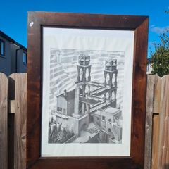 Large Framed M.C. Escher "Waterfall" Vintage Print  Custom Artisan Wood Frame (63.5cm x 83.4cm)