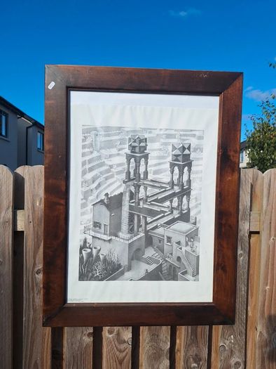Large Framed M.C. Escher "Waterfall" Vintage Print  Custom Artisan Wood Frame (63.5cm x 83.4cm)