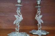 Antique brass crane candlesticks