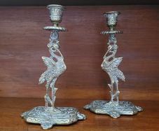 Antique brass crane candlesticks