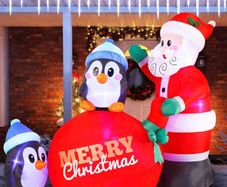 7 FT Long Santa with Penguins Inflatable with Build-in LEDs Blow Up Inflatables for Xmas Party Indoor, Outdoor, Yard, Garden, Lawn Winter Decor