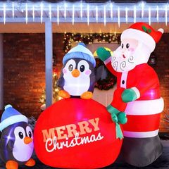 7 FT Long Santa with Penguins Inflatable with Build-in LEDs Blow Up Inflatables for Xmas Party Indoor, Outdoor, Yard, Garden, Lawn Winter Decor
