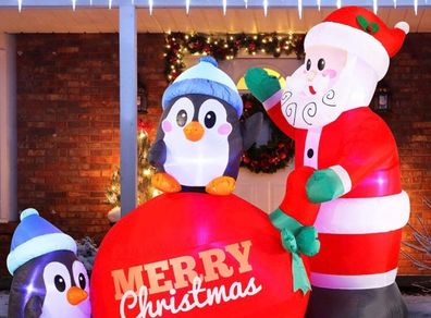 7 FT Long Santa with Penguins Inflatable with Build-in LEDs Blow Up Inflatables for Xmas Party Indoor, Outdoor, Yard, Garden, Lawn Winter Decor