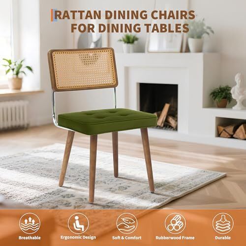 Dining Room Chairs, Set of 2, Upholstered Chairs with Faux Leather Seat, Breathable Rattan Backrest, Adjustable Feet and Sturdy Solid Wood Legs, Kitchen Chairs up to 150 kg, for Dining Room, Living