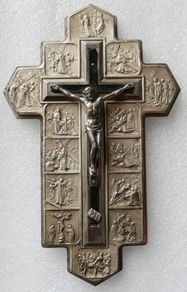Vintage Wall Crucifix Featuring Embossed Plaques Depicting the 14 Stations of the Cross