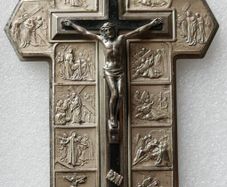 Vintage Wall Crucifix Featuring Embossed Plaques Depicting the 14 Stations of the Cross