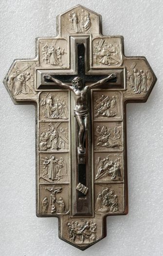 Vintage Wall Crucifix Featuring Embossed Plaques Depicting the 14 Stations of the Cross