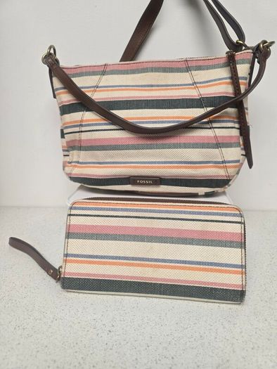 Fossil Striped Canvas & Leather Hobo Bag + Matching Zip Wallet Set