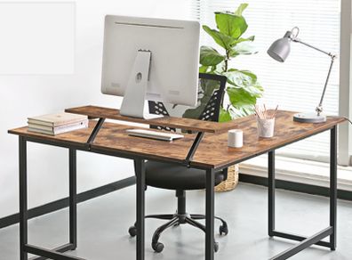 New L-Shaped Computer Writing Workstation PC Corner Desk With Monitor Stand (Brown) - FREE P&P