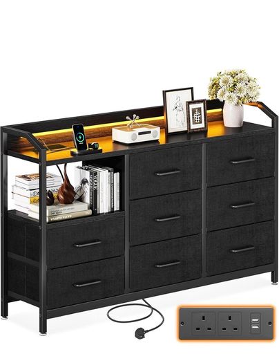 Black Chest of Drawers Bedroom, 8 Large Fabric Drawers, 110x30x88