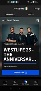 2 tickets - Westlife - 24 Sept - 3 Arena 25 Anniversary Tour