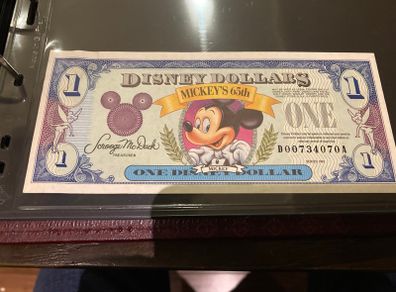 United States   USA Disney 1 Dollar Bill Mickey Mouse 65th Year 1993 Rare