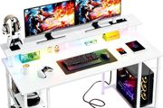 120x50cm Gaming Desk with LED Lights &amp; Power Outlets,White Storage Shelves, Dual Monitor Stand, Home Office &amp; Study, Work from Home, Bedroom, Small Spaces, Dorm, Space-Saving, Students