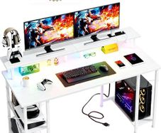 120x50cm Gaming Desk with LED Lights & Power Outlets,White Storage Shelves, Dual Monitor Stand, Home Office & Study, Work from Home, Bedroom, Small Spaces, Dorm, Space-Saving, Students