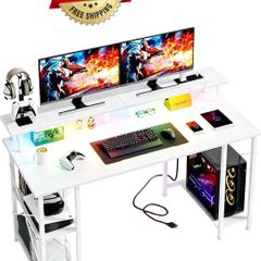 120x50cm Gaming Desk with LED Lights & Power Outlets,White Storage Shelves, Dual Monitor Stand, Home Office & Study, Work from Home, Bedroom, Small Spaces, Dorm, Space-Saving, Students