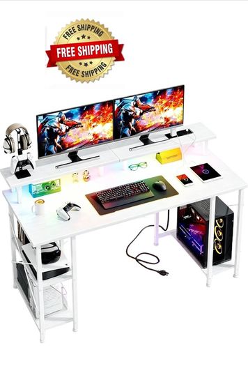 120x50cm Gaming Desk with LED Lights & Power Outlets,White Storage Shelves, Dual Monitor Stand, Home Office & Study, Work from Home, Bedroom, Small Spaces, Dorm, Space-Saving, Students