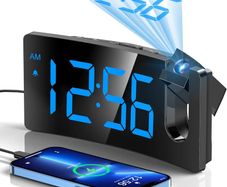 Projection Alarm Clocks Bedside, Digital Clock with 180 Projector, 3-Level Brightness Dimmer, LED Display, USB Charger, Progressive Volume, 9mins Snooze, Digital Alarm Clock for Bedroom