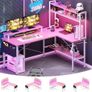 L Shaped Gaming Desk with Power Outlets & LED Lights, Small L- Shaped Computer Corner Desk with Monitor Stand & Storage Shelf, Gaming Table with Storage Bag, Pink Image 3
