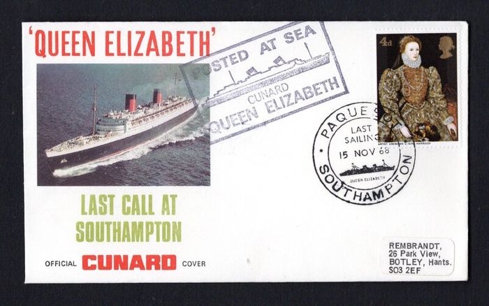 1968 Great Britain Cover Celebrating last call at Southampton of the The Cunard Queen Elizabeth with Southampton Paquebot cancel and posted on board cancel