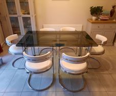 Table and 6 white leather chairs