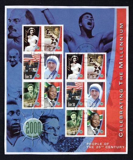 1999 Ireland Celebrating the Millennium Series 1 People of the 20th Century Sheetlet Fine CDS Used with Dublin cancel of 31st December 1999 (Frist day of issued) on envelope extract