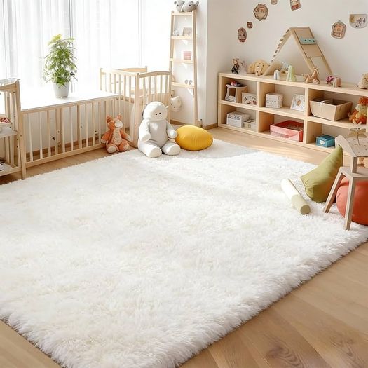 White Fluffy Rug for Bedroom, Large Anti Slip Carpet, Machine Washable Soft Thick Pile Area Rugs for Living Room Kids Bedroom Nursery White