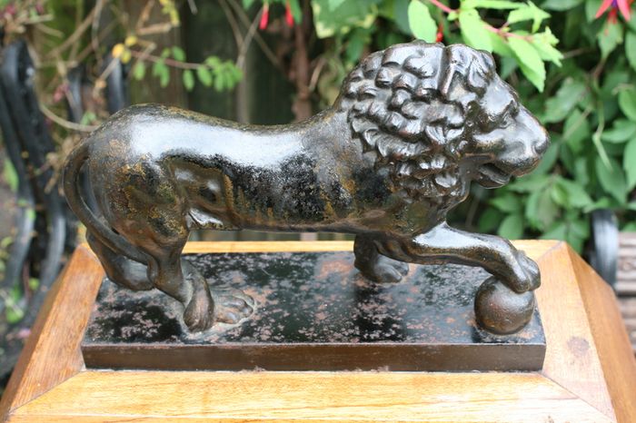 Antique Cast Iron Lion Figurine on Wooden Base