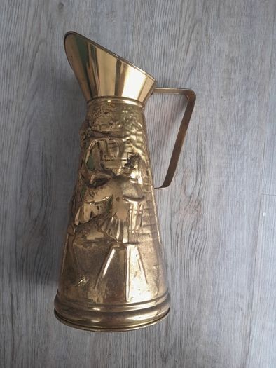 Vintage Peerage England Brass Pitcher Watering Can with Embossed Scene