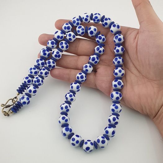 Antique Venetian Style White Blue Dotted Glass Beads Necklace