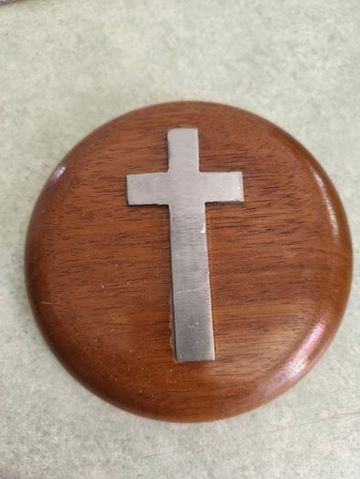 Vintage Round Wooden Cross Plaque .