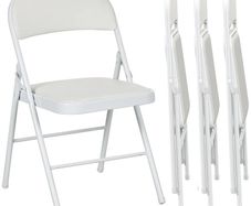 4-piece Set Folding Chairs, Portable Office Chairs, Metal Legs, Foldable Chair for Office, Reception, Waiting Room, Faux Leather, White