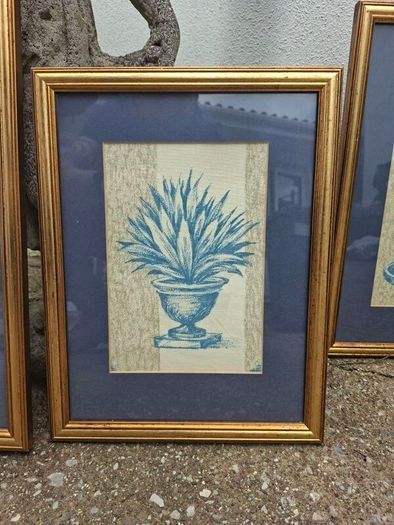 Nice set of 3 Vintage Botanical prints on woven Linen