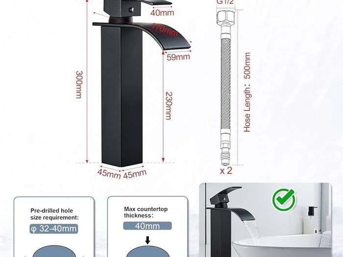 Waterfall High Rise Black Basin Mixer Taps, Square Monobloc Basin Tap, Single Handle Bathroom Sink Mixer Tap