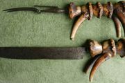 Vintage late 19th century Scottish novelty antler handled knife and fork , modelled as a deer with a face and brass tail, with a steel blade