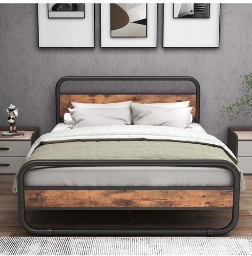 King Size Bed Metal Platform Bed Frame with Wood Headboard,