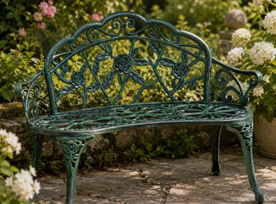 Garden Bench for 2 People Rose Design Cast Aluminium