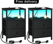 Bedside Table with LED Light, Small Side Table with Charging Station