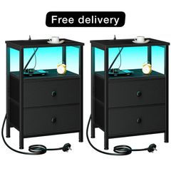 Bedside Table with LED Light, Small Side Table with Charging Station