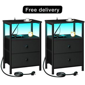 Bedside Table with LED Light, Small Side Table with Charging Station