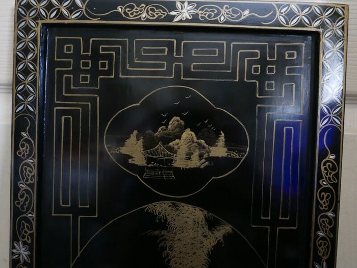 Vintage large Japanese Mother of Pearl Wall Panel / Black Lacquer Geisha Warrior & Floral ORIENTAL WALL ART