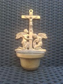 Antique solid Brass Holy Water Font Crucifix and Angels