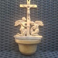 Antique solid Brass Holy Water Font Crucifix and Angels