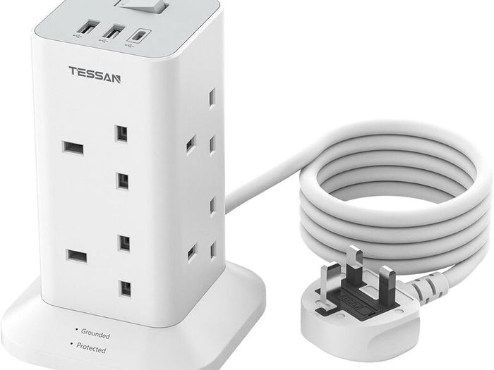 Tower Extension Lead with USB C Slots, TESSAN 8 Way Plug Extension Socket with Switch, Surge Protected Power Strip with 2M Cable for Home, School Supplies