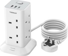 Tower Extension Lead with USB C Slots, TESSAN 8 Way Plug Extension Socket with Switch, Surge Protected Power Strip with 2M Cable for Home, School Supplies