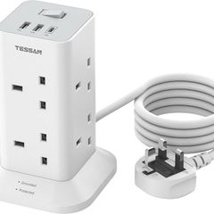Tower Extension Lead with USB C Slots, TESSAN 8 Way Plug Extension Socket with Switch, Surge Protected Power Strip with 2M Cable for Home, School Supplies