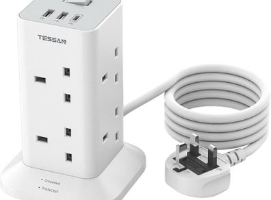 Tower Extension Lead with USB C Slots, TESSAN 8 Way Plug Extension Socket with Switch, Surge Protected Power Strip with 2M Cable for Home, School Supplies