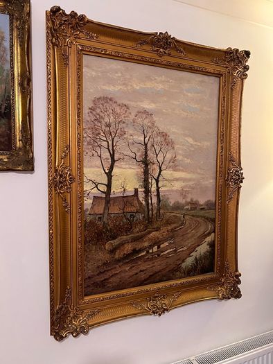 Large French oil painting in antique frame