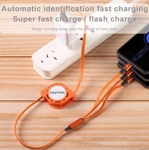USB C Cable Fast Charging[1M 3A], Retractable QC 3.0 Sync Charger Cord with 3 Type C Connectors, for iPhone 15 Pro Max, Samsung Galaxy S23 S20 S10 Note 20, Nexus, Moto, Sony, Xiaomi, LG