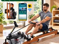 main image for ad Wooden Water Rowing Machine  Foldable Home Gym Rower with Bluetooth, LCD Display &amp; 6 Resistance Levels