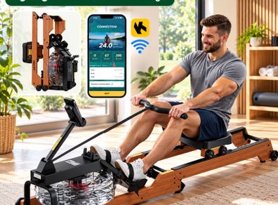 Wooden Water Rowing Machine  Foldable Home Gym Rower with Bluetooth, LCD Display & 6 Resistance Levels